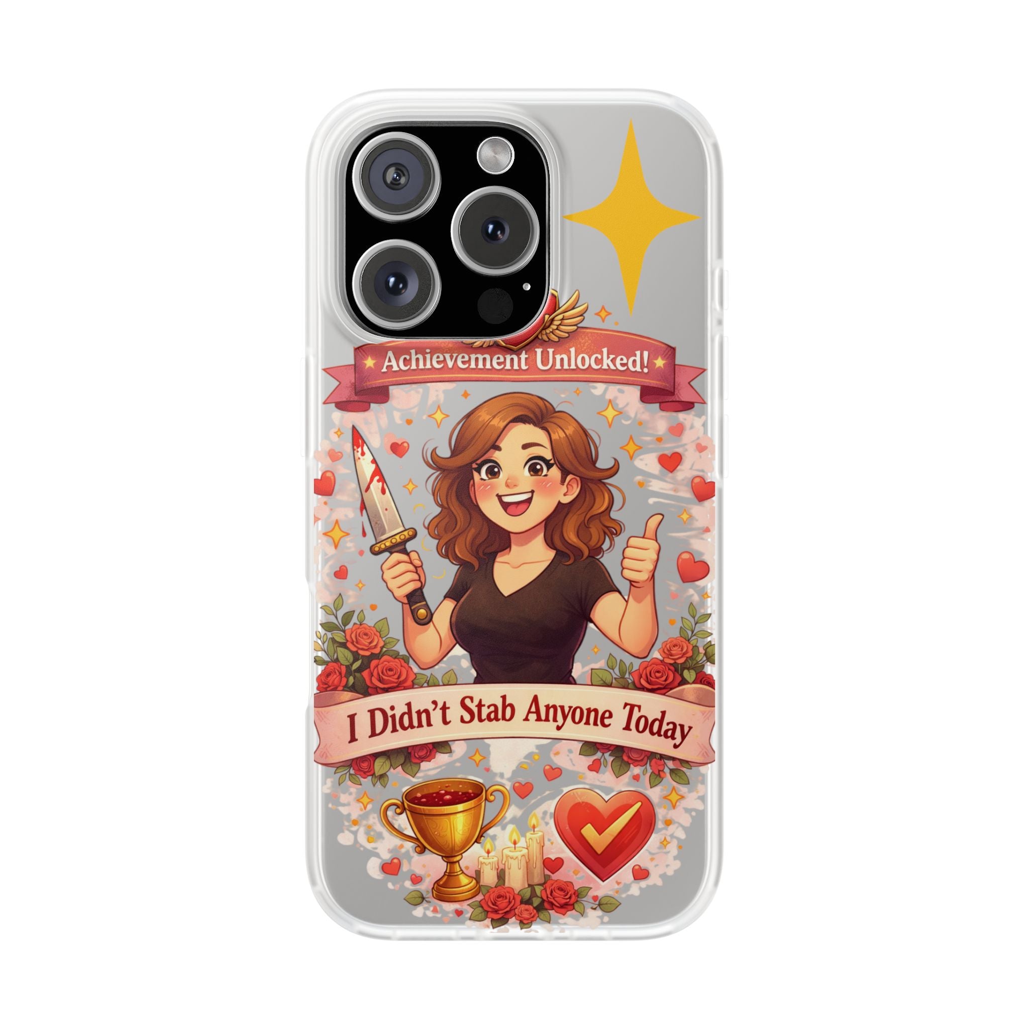iPhone Case: "Achievement Unlocked: I Didn't Stab Anyone Today" Cute Gamer/Anxiety Relief Clear Flexi Case