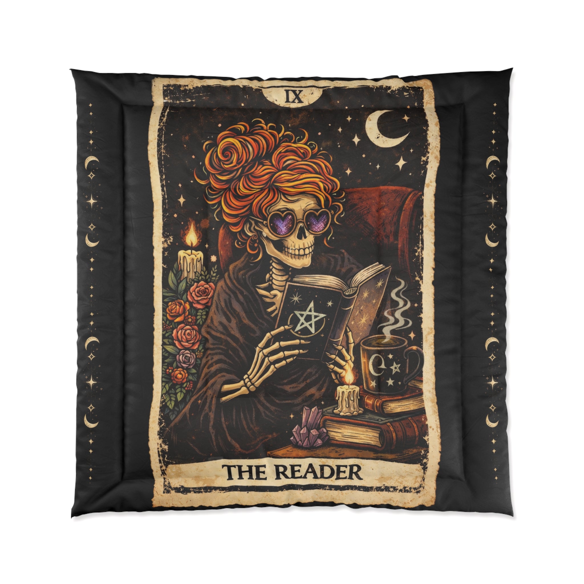 The Reader Tarot Comforter – Witchy Skeleton Book Lover Bedding