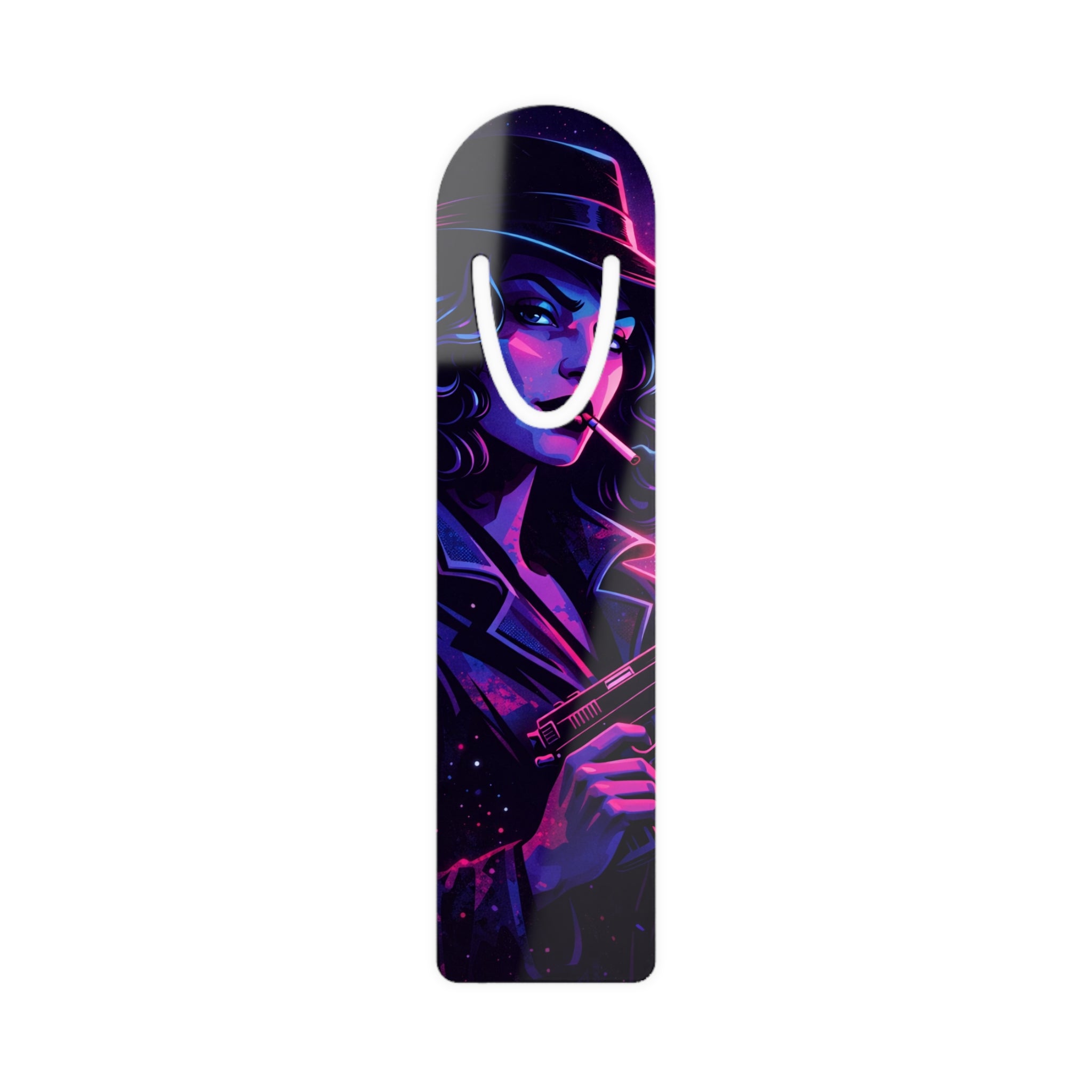 Neon Noir Femme Fatale Metal Bookmark – 80s Synthwave Gothic Book Lover Accessory