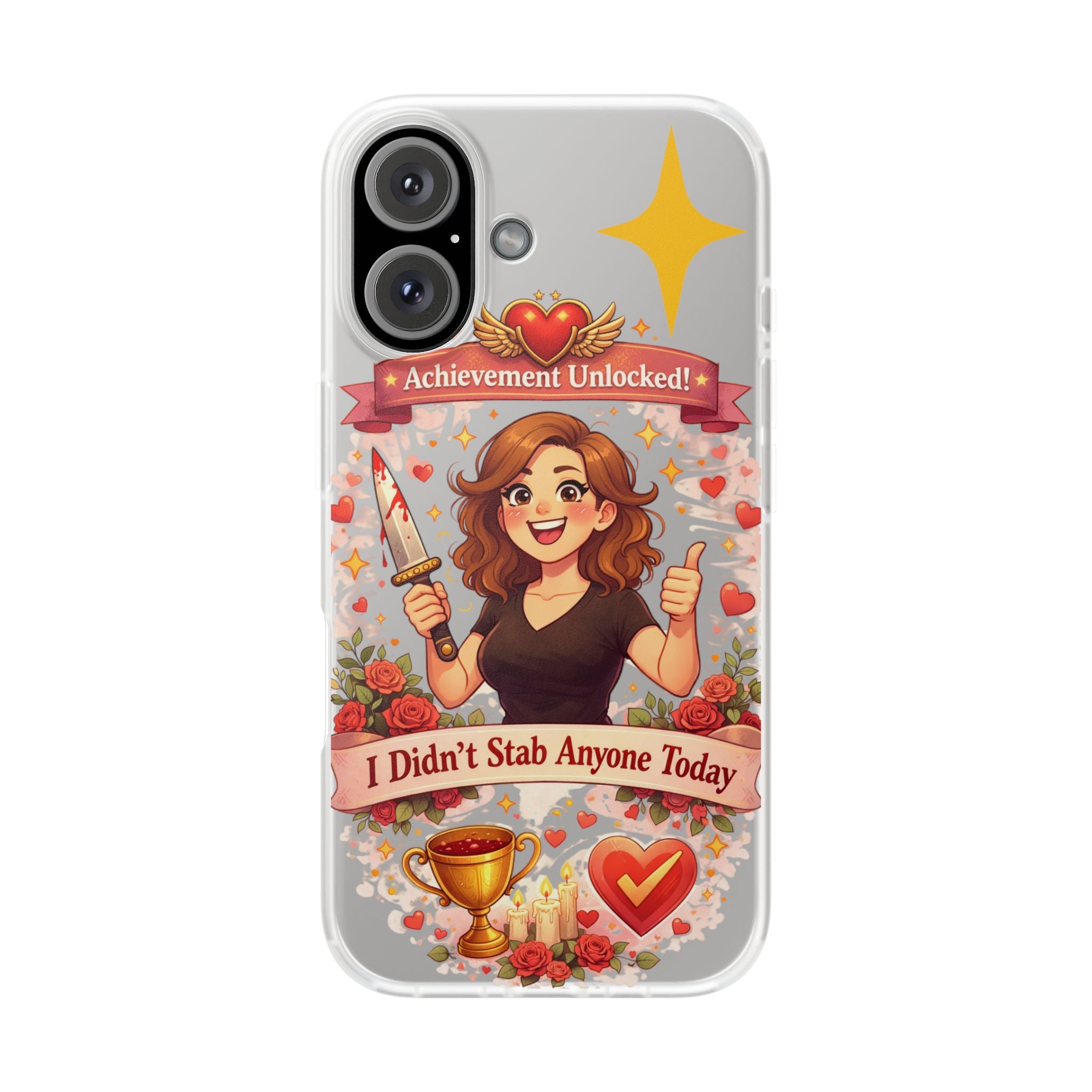 iPhone Case: "Achievement Unlocked: I Didn't Stab Anyone Today" Cute Gamer/Anxiety Relief Clear Flexi Case