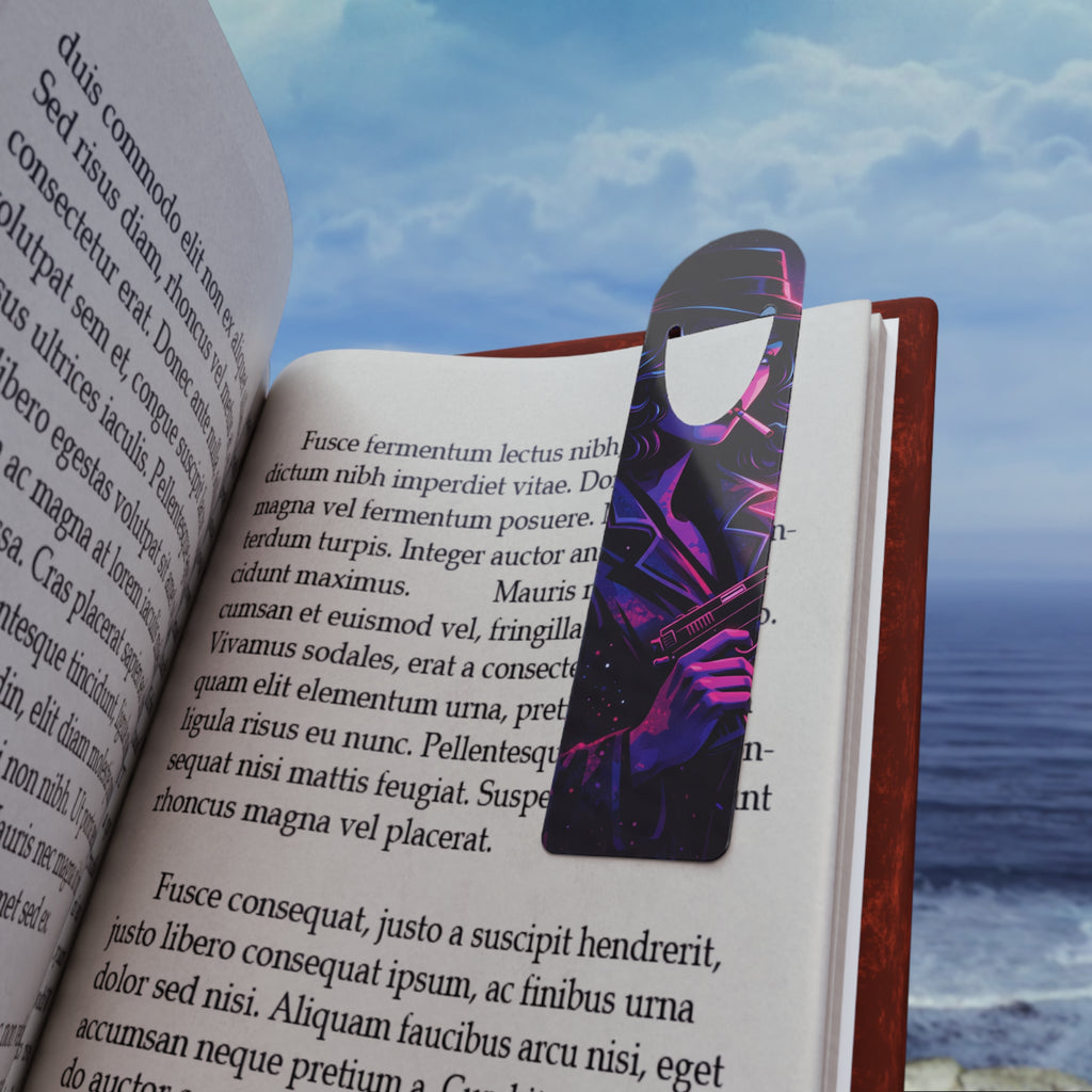 Neon Noir Femme Fatale Metal Bookmark – 80s Synthwave Gothic Book Lover Accessory