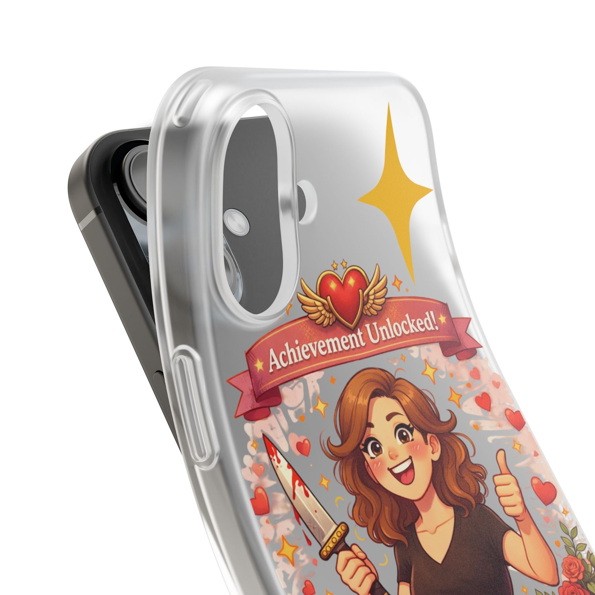 iPhone Case: "Achievement Unlocked: I Didn't Stab Anyone Today" Cute Gamer/Anxiety Relief Clear Flexi Case