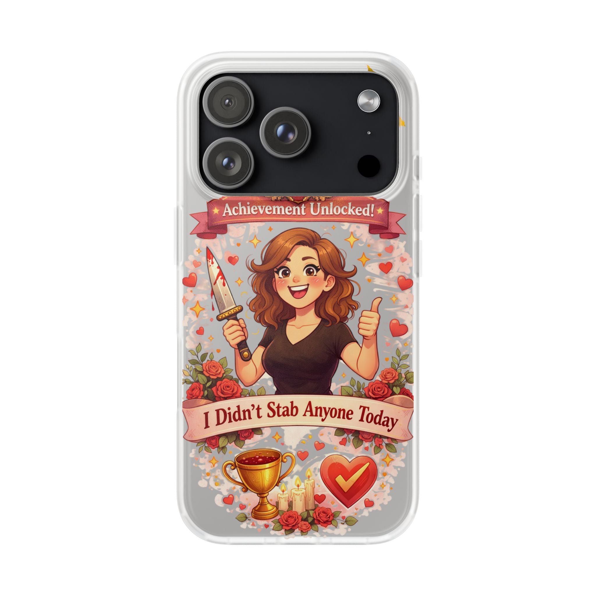 iPhone Case: "Achievement Unlocked: I Didn't Stab Anyone Today" Cute Gamer/Anxiety Relief Clear Flexi Case