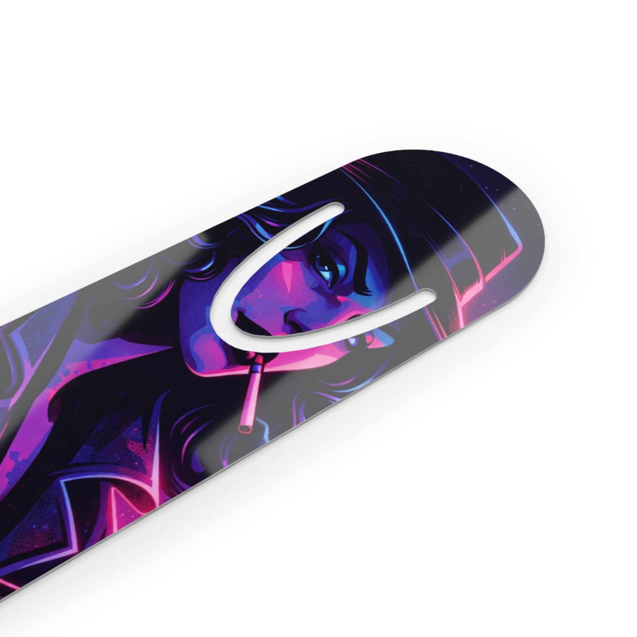 Neon Noir Femme Fatale Metal Bookmark – 80s Synthwave Gothic Book Lover Accessory