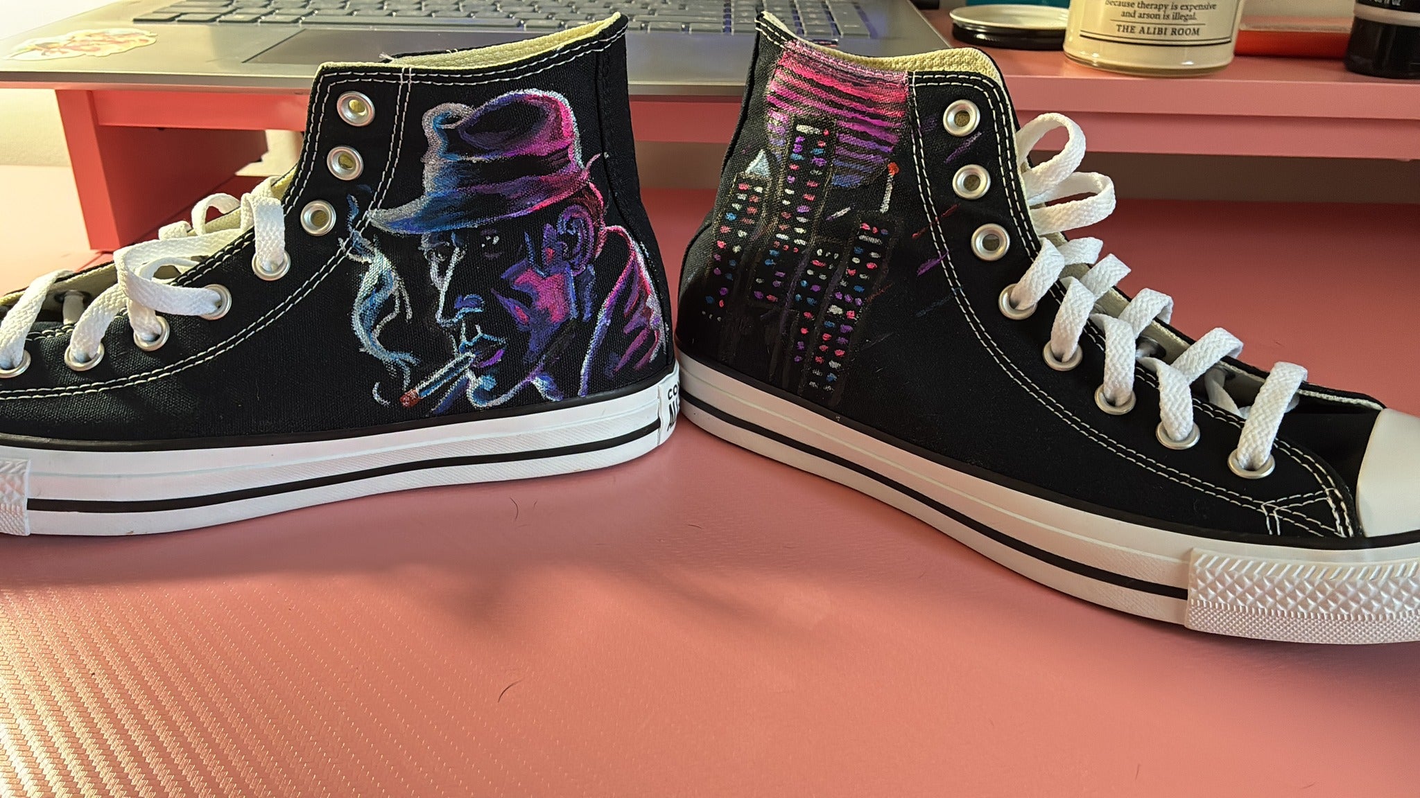Midnight Interrogation – Hand-Painted Neon Noir Detective Converse