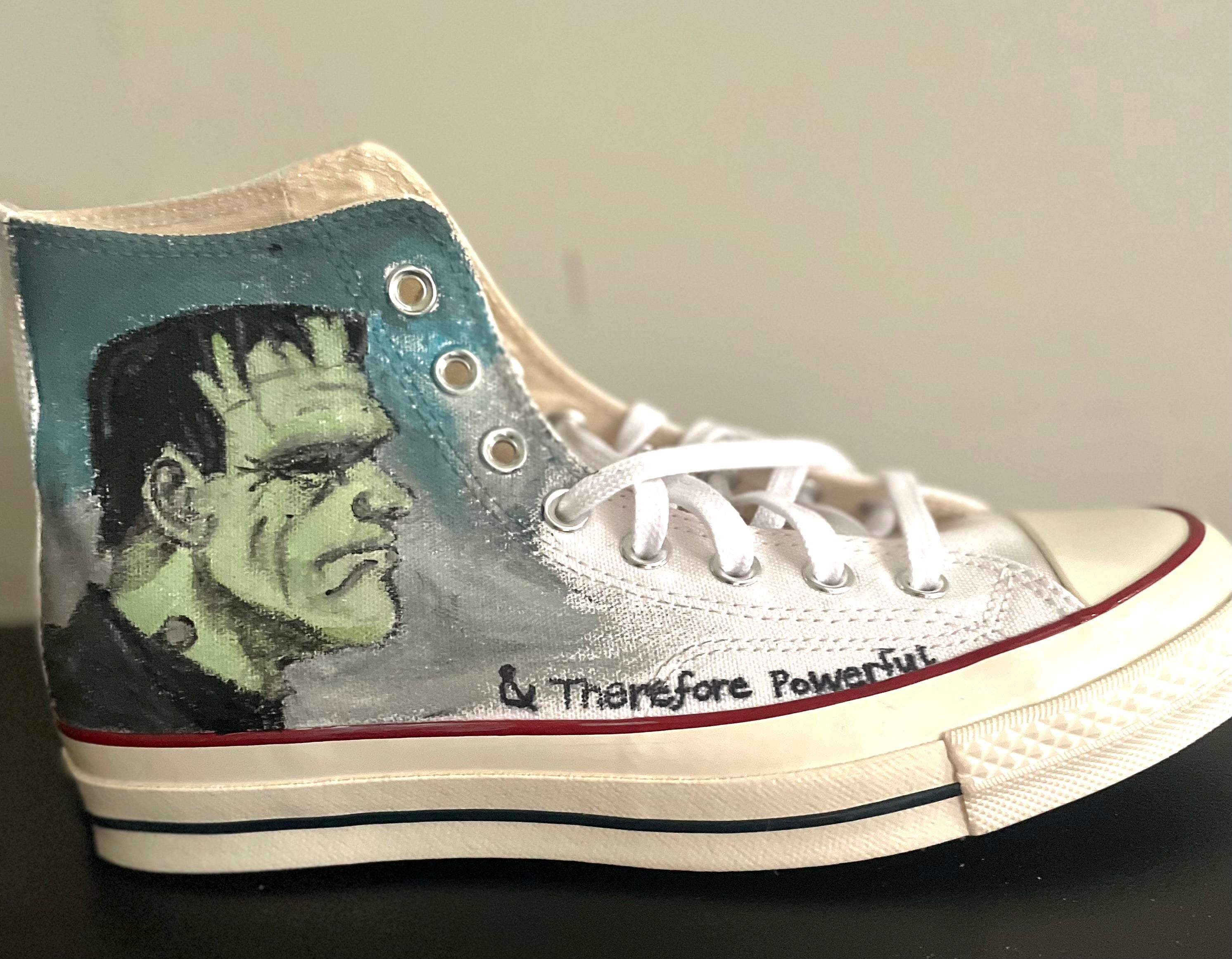 “Beware: The Frankenstein Converse” – Hand-Painted Gothic Art Sneakers